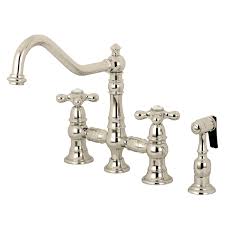Premier two handle kitchen faucet with side spray. The Period Bath Supply Company A Division Of Historic Houseparts Inc Kitchen Faucets Restoration 8 Inch Bridge Kitchen Faucet With Sprayer Polished Nickel Metal Cross Handles