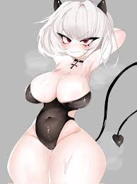 mikatsu27, malina (helltaker), helltaker, highres, 1girl, blush, breasts,  choker, cleavage, cross, cross choker, demon girl, demon horns, demon tail,  embarrassed, horns, large breasts, leotard, looking at viewer, medium hair,  playboy bunny, red