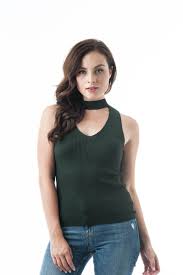 Sleeveless Ribbed Stretch Mock Neck Choker Top Khanomak