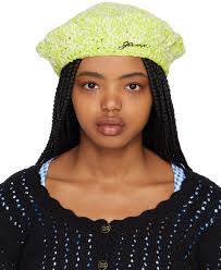Ganni Crocheted Beret In 489 Lime Punch