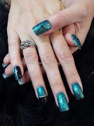 Teal Black And Glitter Freehand Nail Art Over Acrylic Nails Teal Acrylic Nails Fancy Nail Art Black Nail Art