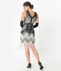 Unique Vintage 1920s Deco White Black Sequin Veronique Fringe Flapper Dress In 2020 Beaded Flapper Dress Unique Dresses Flapper Dress