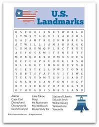 U S Landmarks Word Search For Kids Free Printable Senior Activities 3rd Grade Words Patriotic Words