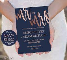 Navy Rose Gold Wedding Invitation Template Set Diy Printable Invitat Rose Gold Wedding Invitations Diy Wedding Invitations Templates Gold Wedding Invitations