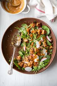 High Protein Vegan Salad With Sweet Potato Quinoa And Satay Tofu Recipe In 2020 Salad With Sweet Potato High Protein Vegan Vegan Salad