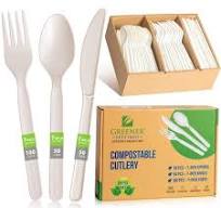 GREENER SETTINGS Ivory Disposable CPLA Utensils Four-Piece Cutlery Set,  2-Forks/Knife/Spoon [50-Sets] 200-50-100CUT