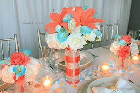 Beach Theme Tall Wedding Centerpieces In Coral And Aqua Wedding Centerpieces Beach Wedding Centerpieces Aqua Wedding