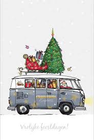 Kerstkaart Met Volkswagenbus Kerstillustratie Kerst Kunst Kerst Kaarten