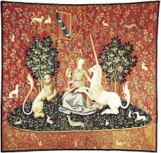 A heavy woven cloth, often with decorative pictorial designs, normally hung on walls. Tapestry Britannica