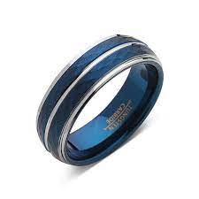 Blue Tungsten Wedding Band - Hammered Tungsten Ring - 8mm - Silver Stepped Edges - Mens Ring - Tungsten Carbide - Engagement Band - Comfort Fit Mens Wedding Rings Wedding Rings Unique Rings For Men