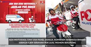 Pergi ke website www.poslaju.com.my 2. Permohonan Ejen Sepenuh Masa Serahan Item Pos Laju Di Buka Komisyen Sehingga Rm6000
