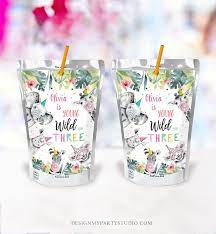 Editable Party Animals Capri Sun Labels Young Wild And Three Etsy In 2021 Animal Party Animal Birthday Invitation Printing
