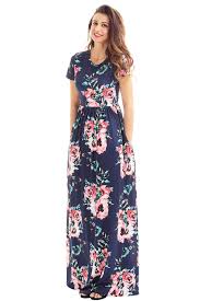 Pocket Design Short Sleeve Navy Blue Floral Maxi Dress Flower Maxi Dress Blue Floral Maxi Dress Maxi Dress With Sleeves