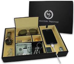 4 out of 5 stars. Mastery Prestige Valet Tray Organizer Nightstand Dresser For Men With Large Phone Charging Station Black Pu Leather And Suede Storage Box Top Bedside For Edc Jewelry Watch Wallet Key