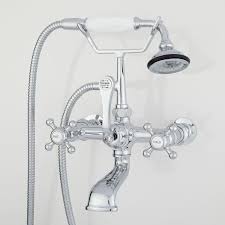 Barlow Wall Mount Tub Faucet And Hand Shower With Metal Cross Handles Wall Mounted Tub Faucets Tub Faucets Bathro Wall Mount Tub Faucet Faucet Tub Faucet