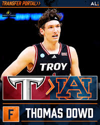 Former Troy standout Thomas Dowd announced his commitment to Auburn Monday  afternoon. Dowd averaged 14.4 ppg and led the Sun Belt conference with 10.1  rebounds in 2025. The 6-foot-8 Dothan, Alabama native