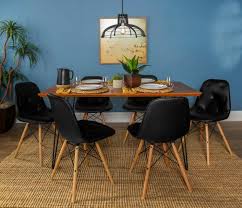 Contemporary Mid Century Modern Square Hairpin 7 Piece Dining Set W Eames Chairs In Walnut Black Walker Edison C60hppuwt 7