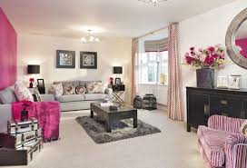 Interior Designed Lounge Using A Raspberry Colour Scheme Velvet Stripes Silver Mirrored Furniture And Pale Gr Pink Living Room Living Room Grey Bedroom Decor