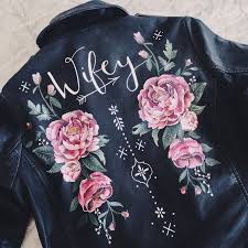 Custom Hand Painted Leather Jacket By Wolf And Rosie Wifey Paintedleather Weddingdress Painting Leather Painted Leather Jacket Hand Painted Leather Jacket