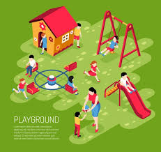 Los juegos de patio representan una actividad integradora y de explosión de energía de los niños. Educador Y Ninos En El Patio De Juegos En El Jardin De Infantes En Verano En Isometrico Verde Vector Gratis