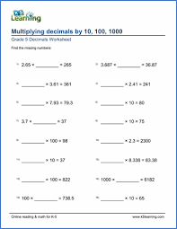 This helps parents and students in identifying weaker areas requiring further study. Multiply 3 Digit Decimals By 10 100 Or 1 000 Missing Factors K5 Learning