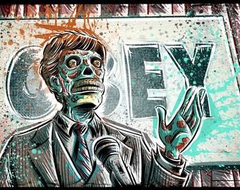 They Live art print john carpenter 80's 90's movie film action sci fi horror rowdy roddy piper alien green face politician obey joe badon