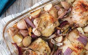 This Baked Chicken With Potatoes Red Onions And Rosemary Tastes Like Fall On A Plate Balsamic Yummy Chicken Recipes Chicken Potato Bake New Chicken Recipes