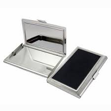 Silver Stainless Steel Business Credit Card Case With Black Leather Inlay
