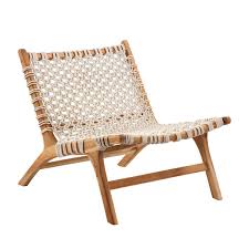Modern White Rope And Acacia Wood Easy Chair Beautiful Low Layback Design With Lots Of Comfort And Style Seat Height Woven Chair Easy Chair Furniture Chair