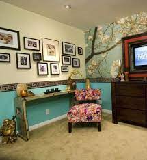 If you're using a border hang the border according to the top guideline. Wallpaper Border Bedroom Chair Rail Ideas With Trees Wallpaper And Blue Wall Paint In Botto Cottage Wall Decor Wallpaper Border Bedroom Interior Design Bedroom