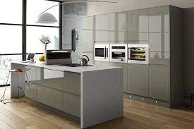 A grey gloss kitchen with contrasting quartz glass effect splashback. Pin On For The Home