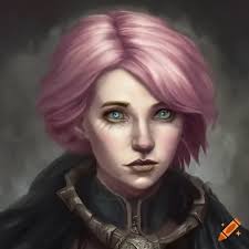 Full portrait, youthful sorceress, short messy light pink hair, sea green  eyes, black cloak, baldur's gate, icewind dale, high fantasy, forgotten  realms, detailed, mike sass