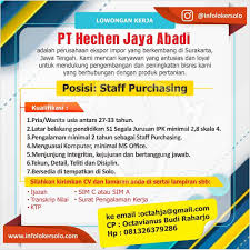 Lowongan kerja di dki jakarta juli 2021 temukan loker terbaru yang sesuai dengan lokasi, pendidikan, dan minat anda. Lowongan Kerja Staff Purchasing Pt Hechen Jaya Abadi Di Solo Info Loker Solo