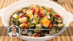 Pastas, soups and stews, egg, pasta, spinach, dinner, lunch, weekday, appetizer, main course, dairy free, low calorie, low fat, low sodium lower the eggs into the water, and reduce the heat to keep the water at a gentle boil for 10 minutes. Trio Eggs Spinach In Superior Stock Share Food Singapore