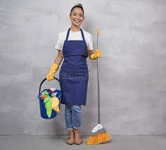 Happy Cleaning Lady In Uniform And Yellow Rubber Gloves Holding Broom And  Plastic Bucket With Rags And Different Stock Photo - Image Of Brush,  Housework: 201528820