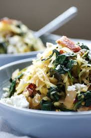 Spaghetti Squash With Bacon Spinach And Goat Cheese Recipe Spaghetti Squash Eat Spinach