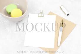 Mockup Invitation Card With Pen And Macarons 439785 Mockups Design Bundles In 2020 Design Mockup Free Free Psd Design Free Psd Mockups Templates