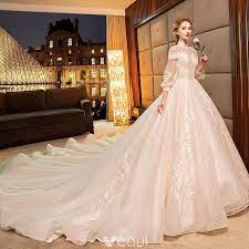 Charming Champagne Wedding Dresses 2019 Ball Gown High Neck Beading Crystal Lace Flower Long Sleeve Backless Royal Train Wedding Dress Sequin Wedding Dress Champagne Pink Wedding Dresses