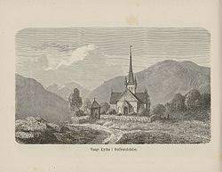 Kun de udskårne portaler og dekorative vægplanke overlevede fra den oprindelige stavkirke. Vaga Kirke Wikipedia