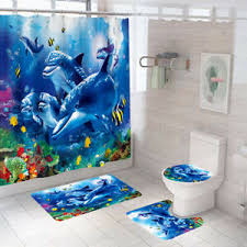 Amazon com huasen bathroom curtain dolphin printed bathroom. Dolphin Bathroom Rug Set Shower Curtain Non Slip Toilet Lid Cover Bath Mat Ebay