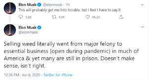 3,128 post karma 1,014 comment karma. Elon Musk Tweets If Weed Is A Legal Business In Us Why Are People Still In Jail For It