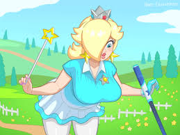 hard-degenerate, rosalina, mario (series), mario golf, mario golf: super  rush, nintendo, animated, looping animation, video, 1girl, artist name,  blonde hair, blue eyes, blue gloves, blue shirt, blue skirt, blue sky,  bouncing breasts,