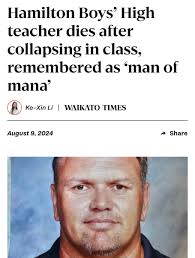 A relief teacher at Hamilton Boys High School has died in Waikato Hospital  after collapsing during class from a coronary. Leighton Edwards, 58, had  just returned to New Zealand from a teaching