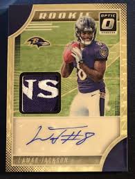 2018 Lamar Jackson Optic Superfractor 2clr Logo Rookie Patch Auto 1 1 Gold Vinyl Football Trading Cards Sports Cards Cards
