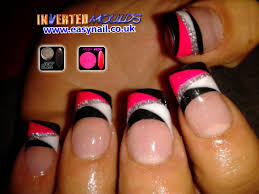 Acrylic Hot Pink And Black Nail Designs Mega Neon Pink Jet Black Nail Art Acrylics With Regular French White And Silver Glitter Line Created Using Inverted Moulds Nails French Tip Nails Pink Nails