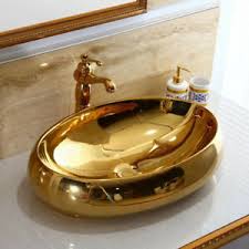 gold ceramic bathroom vessel sink oval