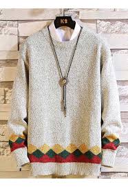Grey Mix Color Texture Pattern Pull Over Sweater Knitwear Men Sweaters Clothes
