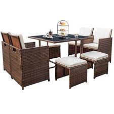 Devoko 9 Pieces Patio Dining Sets Outdoor Space Saving Rattan Chairs With Glass Table Patio Fu Cheap Patio Furniture Outdoor Dining Furniture Wicker Dining Set