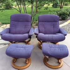 A Pair Of Custom Made Ekorne Stressless Chairs With Ottomans A Beautiful Purple Blue Suede To Go With That Fantastic Bjor Stressless Chair Chair Rocking Chair