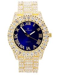 Men's pro diver scuba 50mm gold tone stainless steel and blue polyurethane chronograph quartz watch, gold/blue (model: Silver Color Watch Simulated Diamond Blue Face Luxury Jewelry Hip Hop Gold Diamond Shop